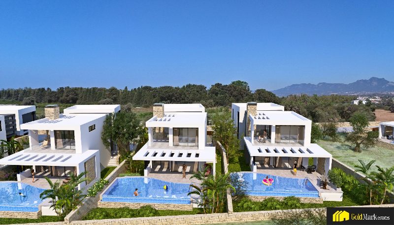 Kyrenia Catalkoy stor villa to villaer med svømmebasseng foran sett oven ifra